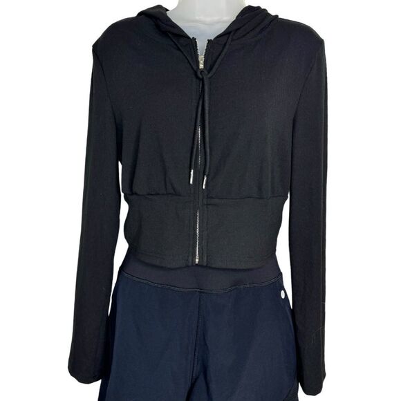 SHEIN PETITE Zip Up Drawstring Crop Hoodie Black / Petite L(8/10) - Picture 6 of 8